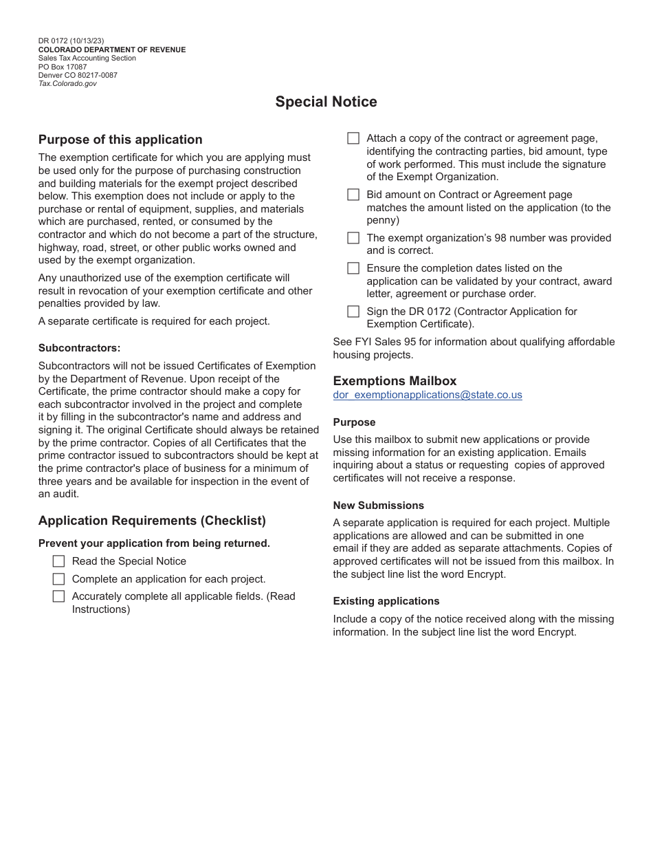Form DR0172 Download Fillable PDF or Fill Online Contractor Application ...