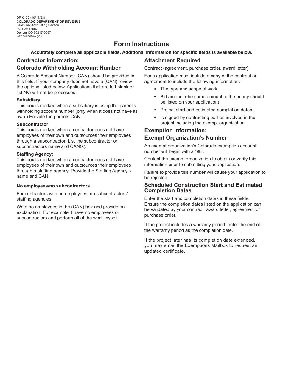 Form DR0172 Contractor Application for Exemption Certificate - Colorado, Page 2