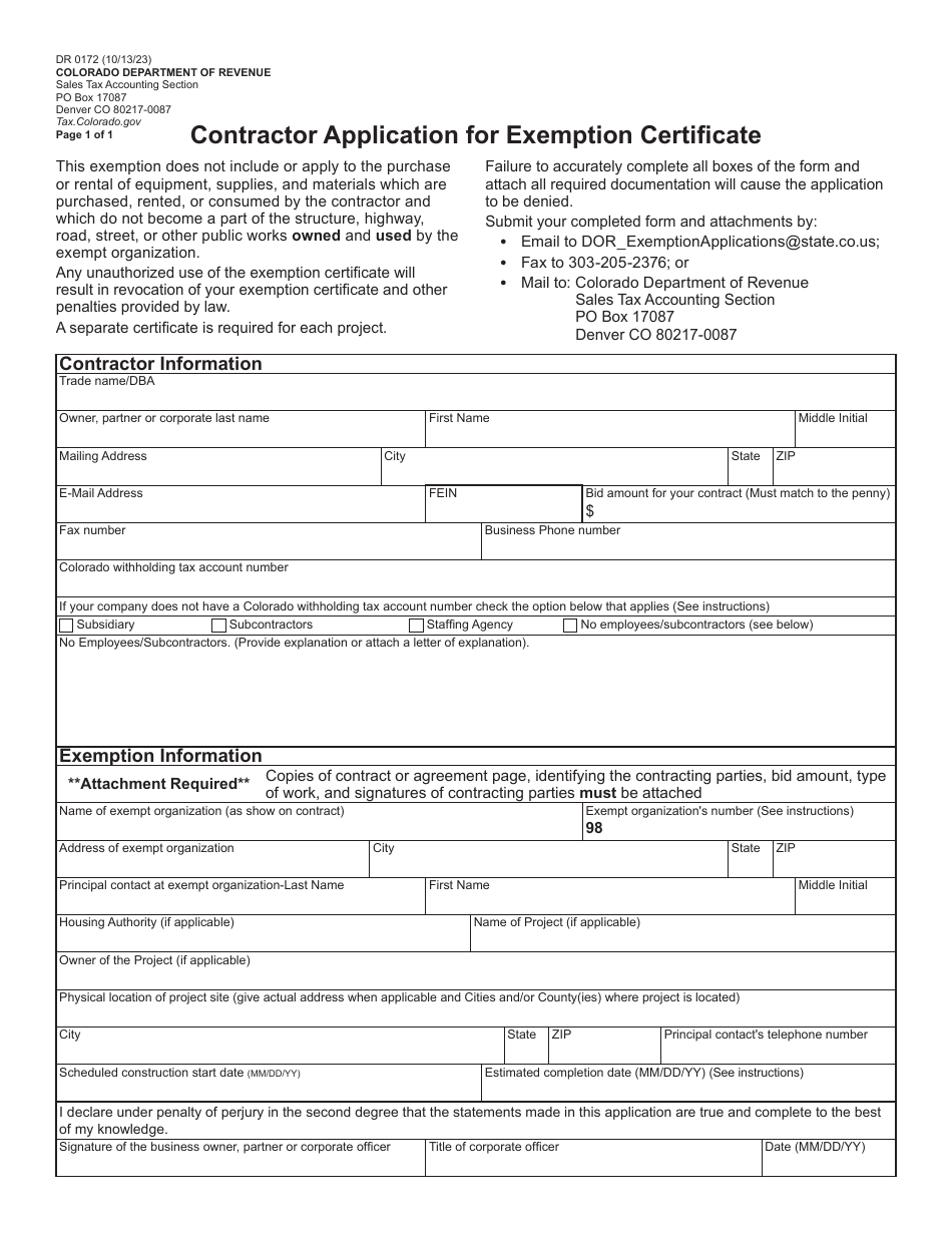 Form DR0172 Contractor Application for Exemption Certificate - Colorado, Page 3