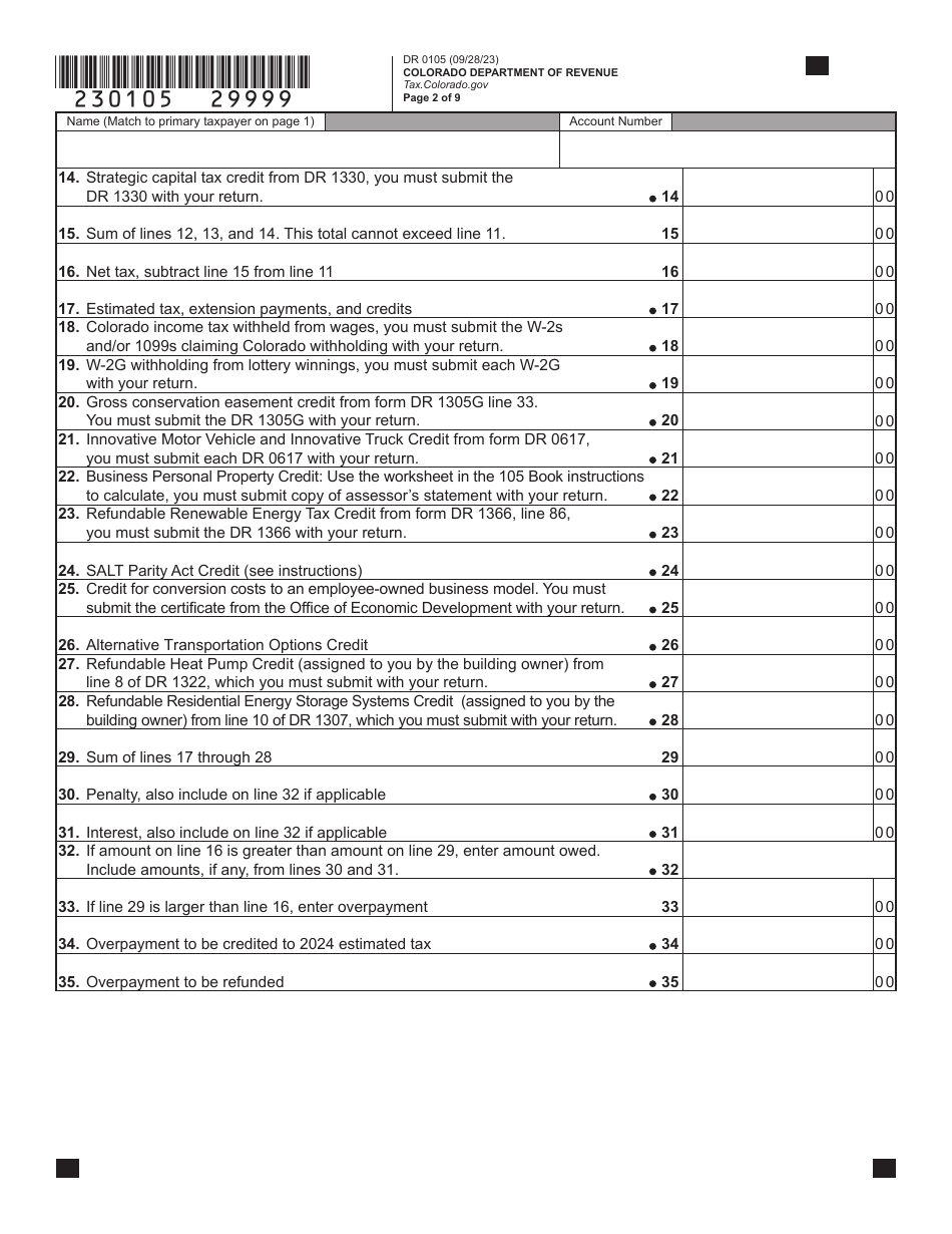 Form DR0105 Fiduciary Income Tax Return - Colorado, Page 2