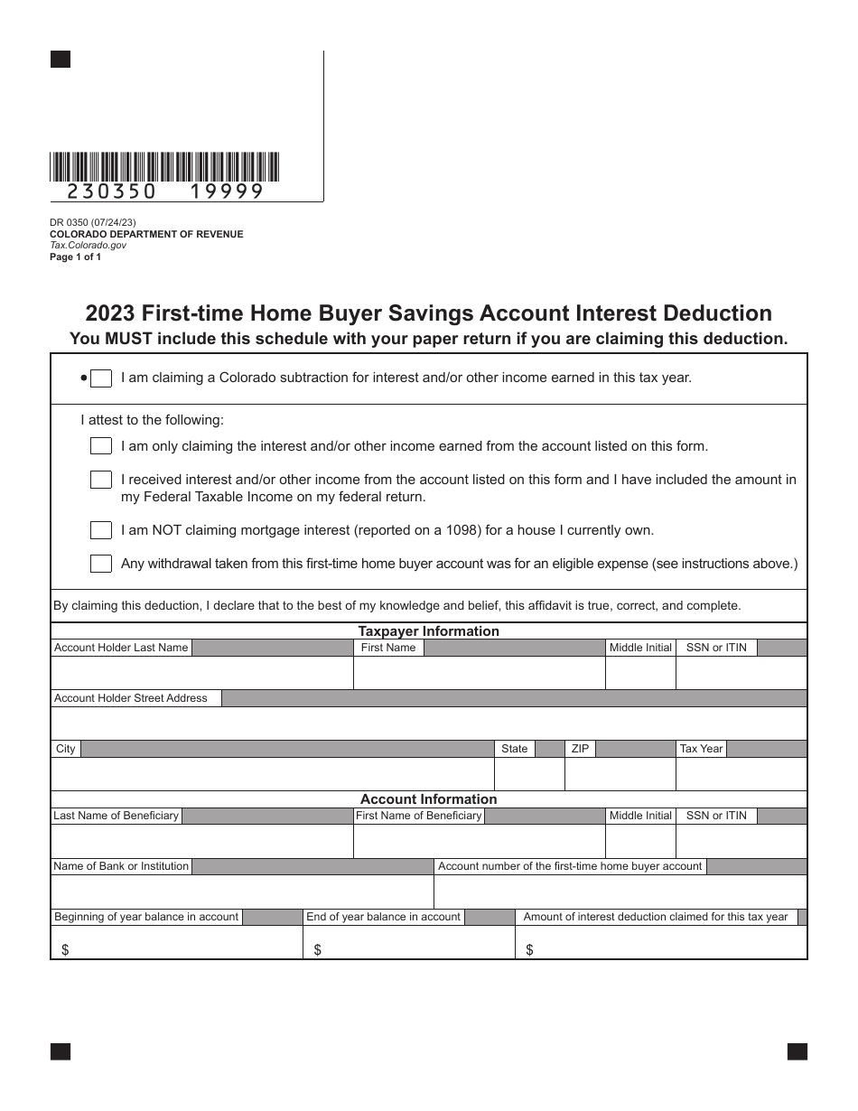 Form DR0350 First-Time Home Buyer Savings Account Interest Deduction - Colorado, Page 2