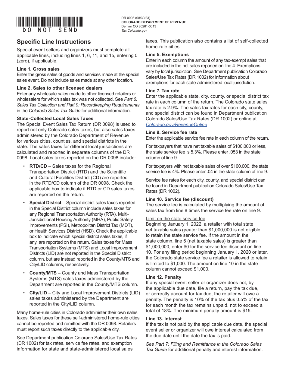 Form DR0098 Special Event Sales Tax Return - Colorado, Page 3