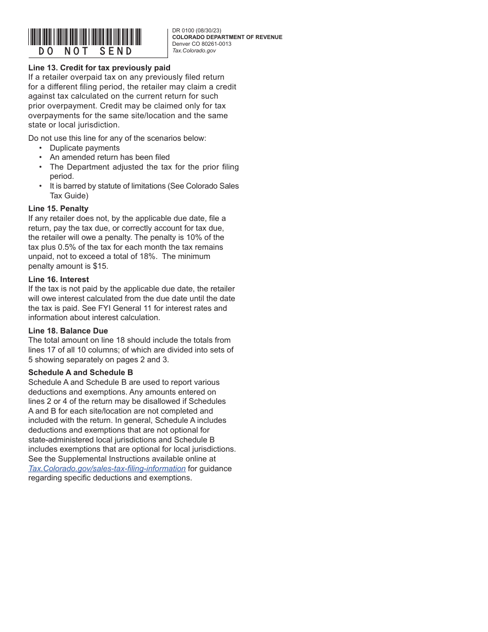 Form DR0100 Colorado Retail Sales Tax Return - Colorado, Page 5