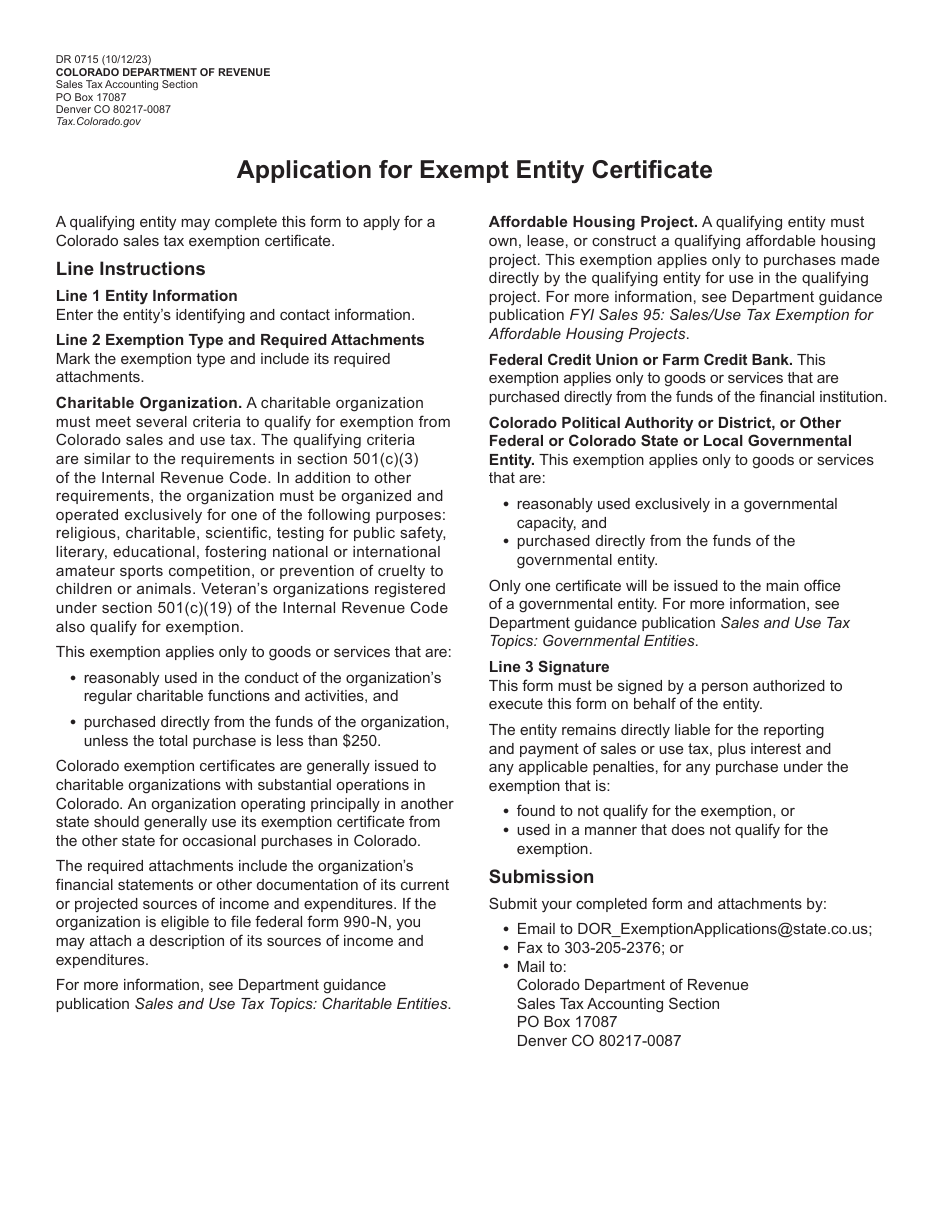 Form DR0715 Application for Exempt Entity Certificate - Colorado, Page 1