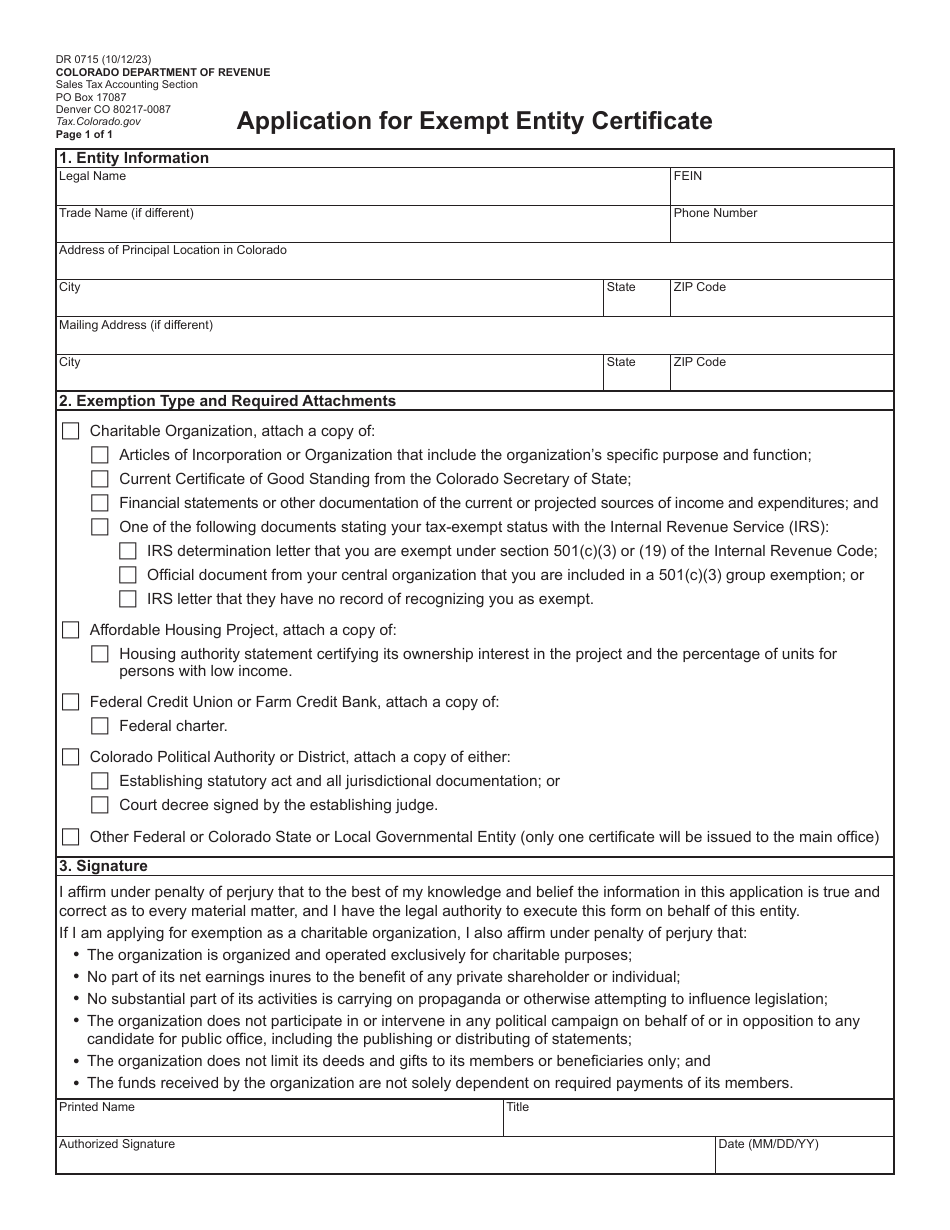 Form DR0715 Application for Exempt Entity Certificate - Colorado, Page 2