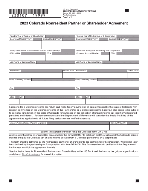 Form DR0107 Colorado Nonresident Partner or Shareholder Agreement - Colorado, 2023