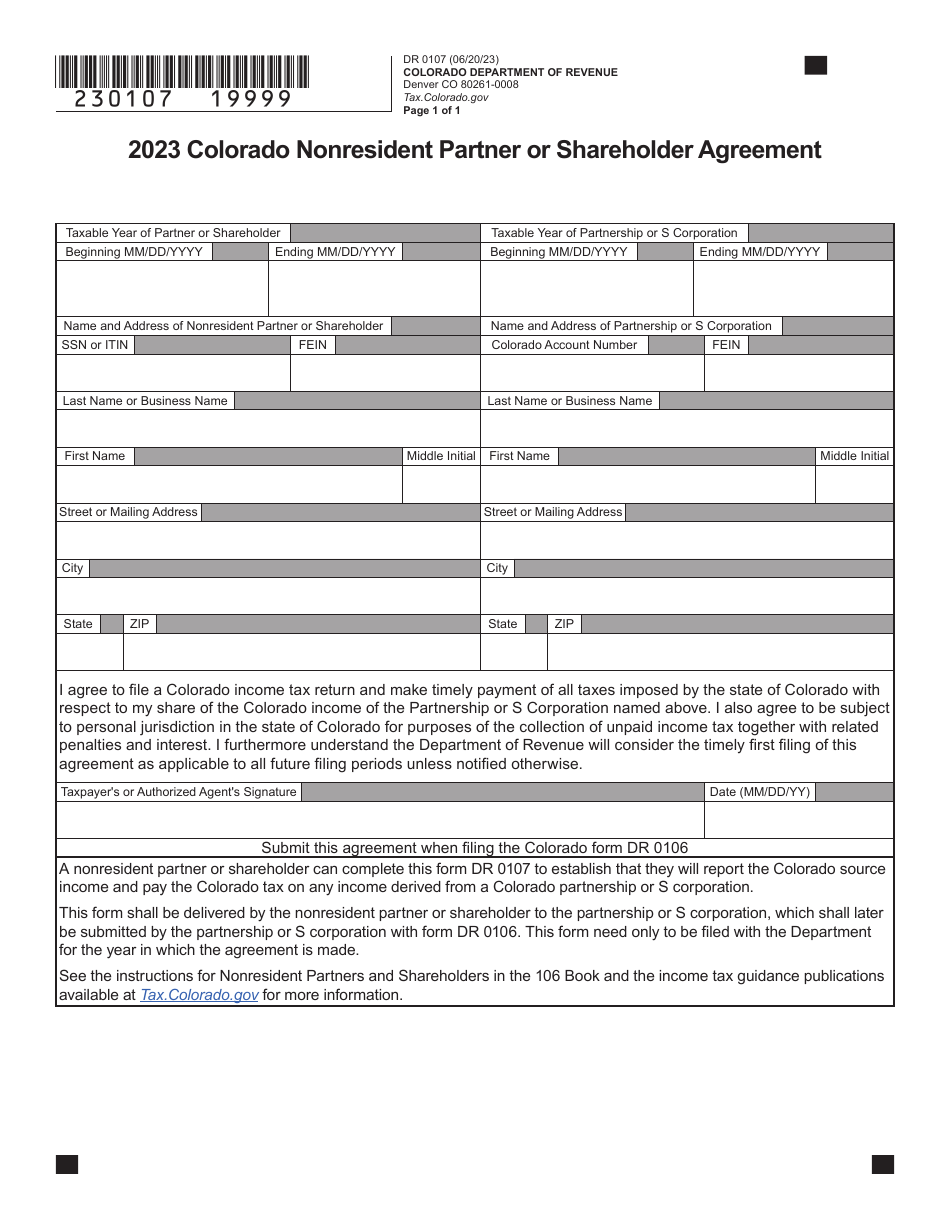 Form DR0107 Download Fillable PDF or Fill Online Colorado Nonresident