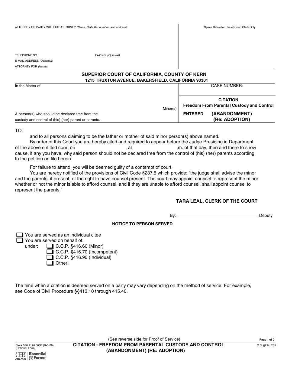 Form CLERK580 2170 063B Citation - Freedom From Parental Custody and Control (Abandonment) (Re: Adoption) - County of Kern, California, Page 1