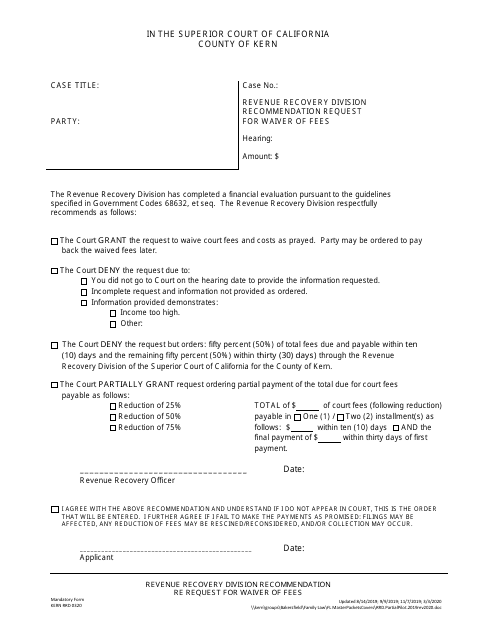 Form KERN RRD0320 Revenue Recovery Division Recommendation Request for Waiver of Fees - County of Kern, California