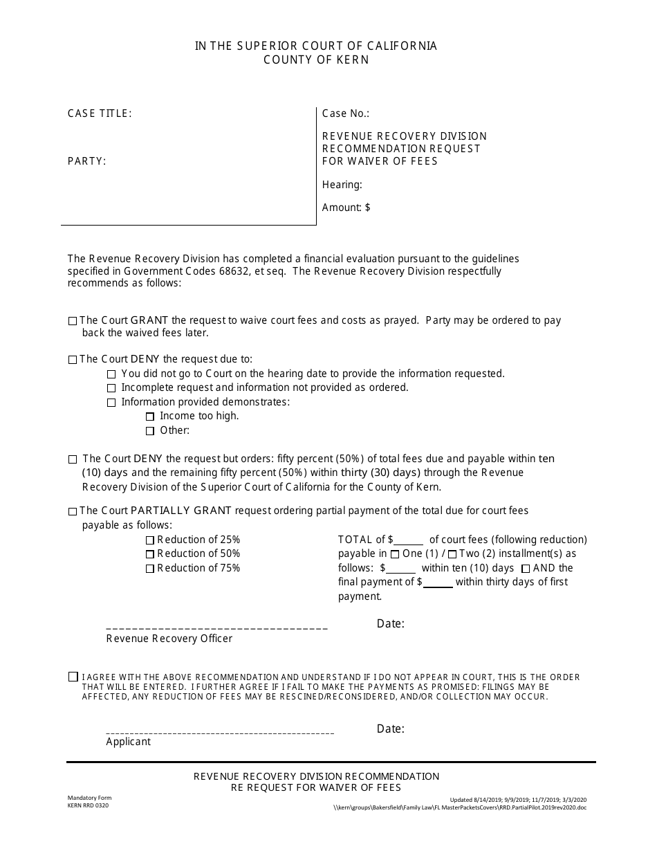 Form KERN RRD0320 Revenue Recovery Division Recommendation Request for Waiver of Fees - County of Kern, California, Page 1
