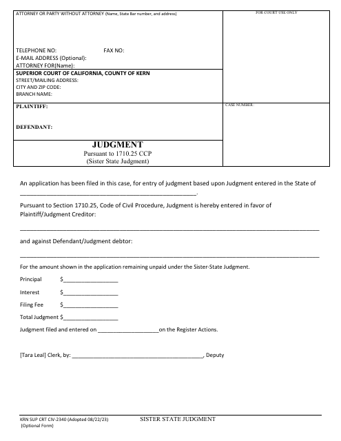 Form KRN SUP CRT CIV-2340 Sister State Judgment - County of Kern, California