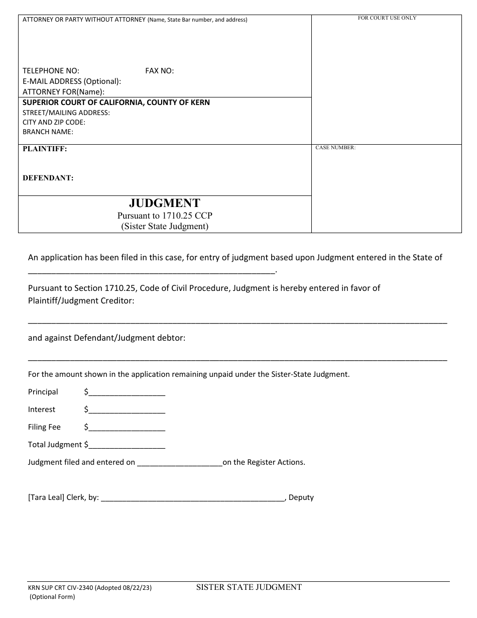 Form KRN SUP CRT CIV-2340 Sister State Judgment - County of Kern, California, Page 1