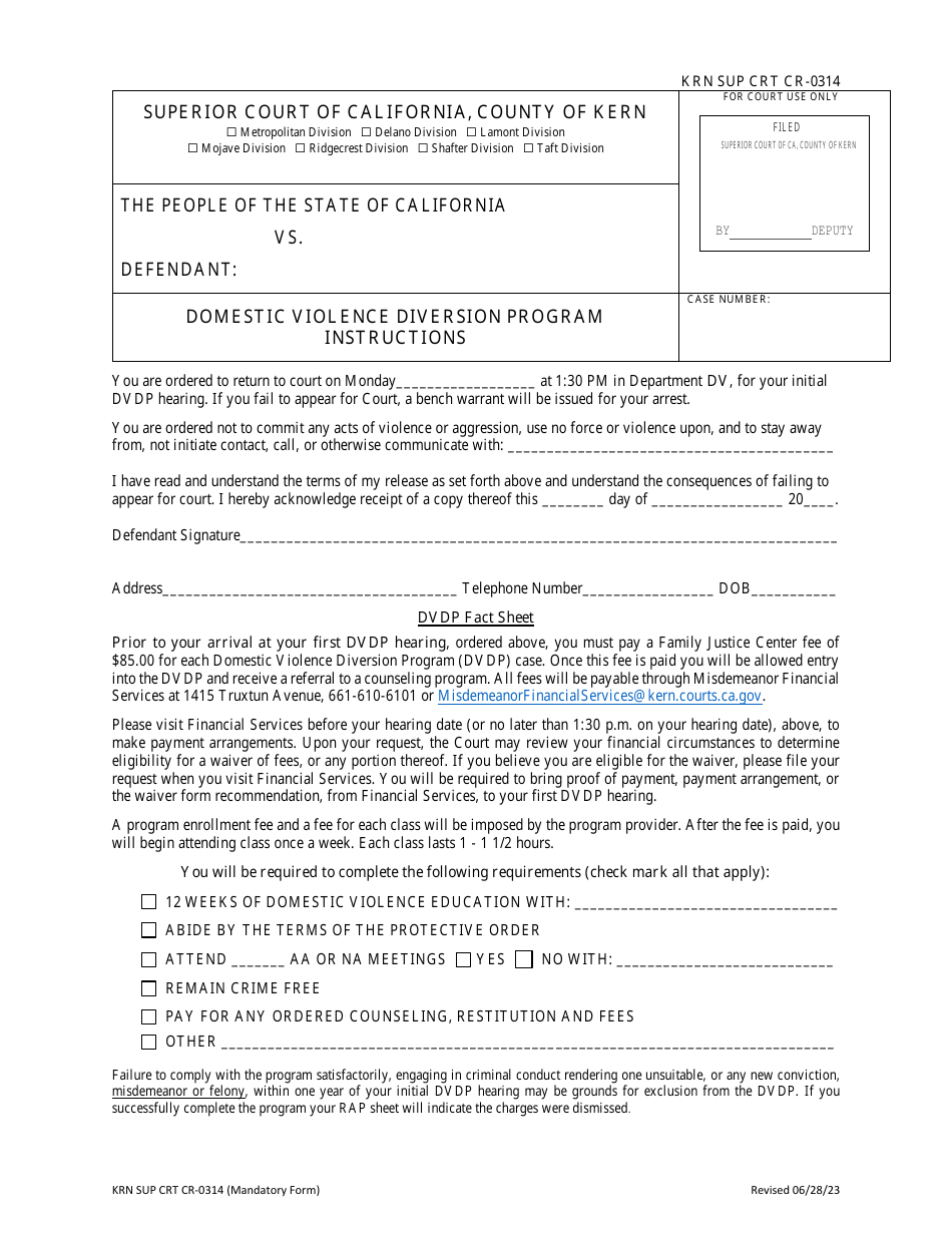 Form KRN SUP CRT CR-0314 Domestic Violence Diversion Program Instructions - County of Kern, California, Page 1