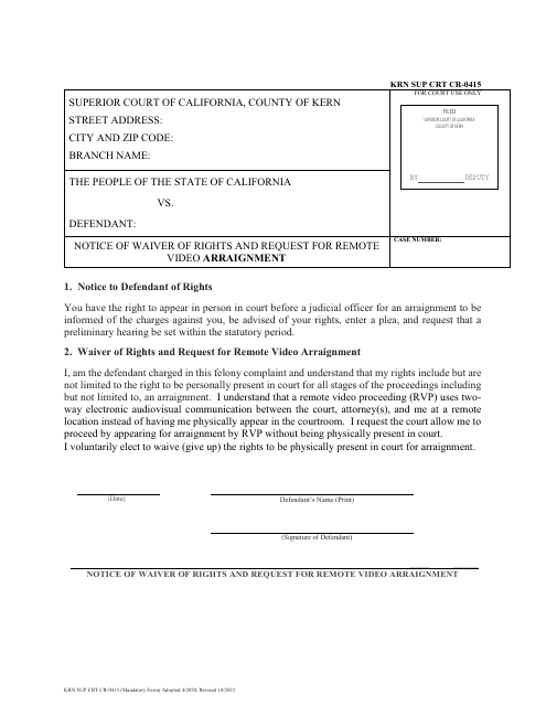 Form KRN SUP CRT CR-0415 Notice of Waiver of Rights and Request for Remote Video Arraignment - County of Kern, California