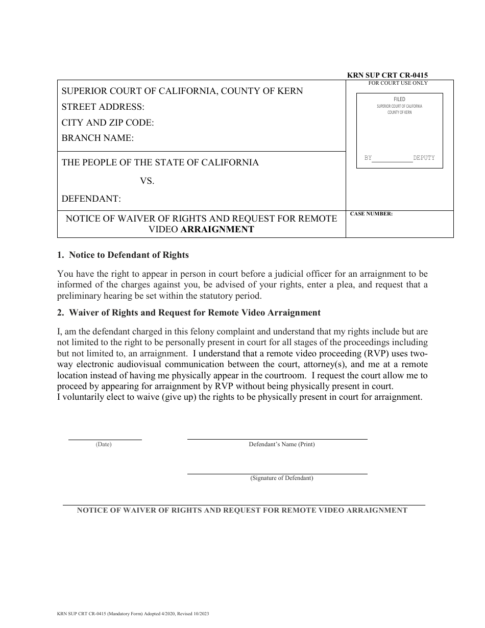 Form KRN SUP CRT CR-0415 Notice of Waiver of Rights and Request for Remote Video Arraignment - County of Kern, California, Page 1