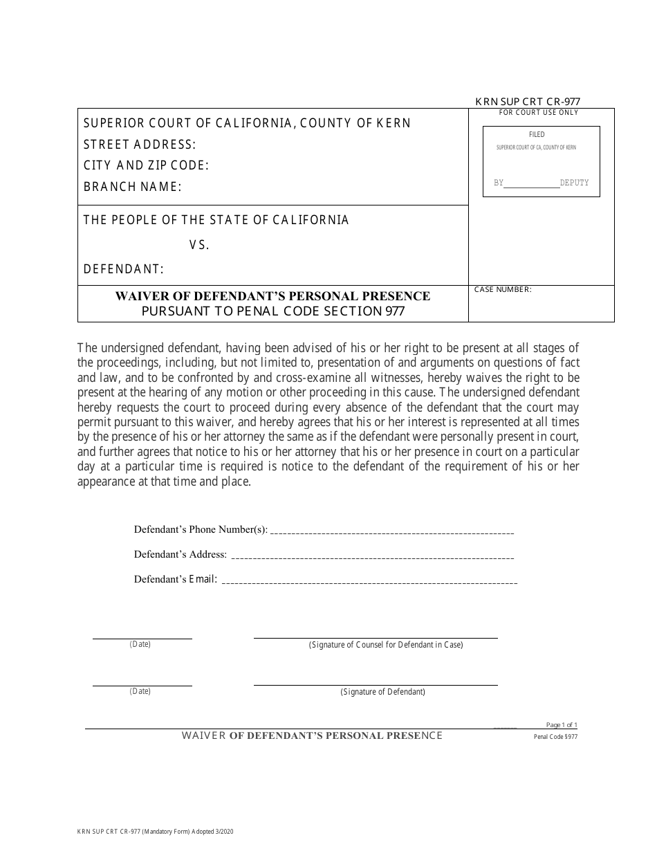 Form KRN SUP CRT CR-977 Waiver of Defendants Personal Presence Pursuant to Penal Code Section 977 - County of Kern, California, Page 1