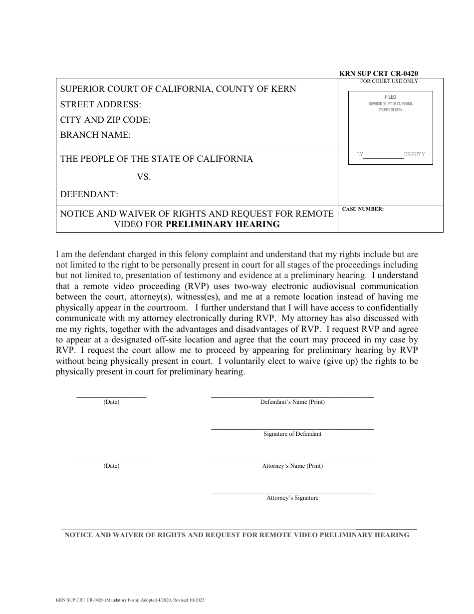 Form KRN SUP CRT CR-0420 Notice and Waiver of Rights and Request for Remote Video for Preliminary Hearing - County of Kern, California, Page 1
