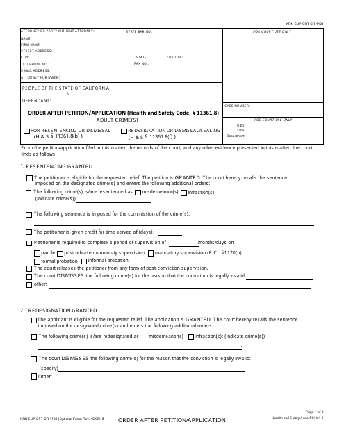 Form KRN SUP CRT CR-1124 Order After Petition/Application (Health and Safety Code, 11361.8) - Adult Crime(S) - County of Kern, California