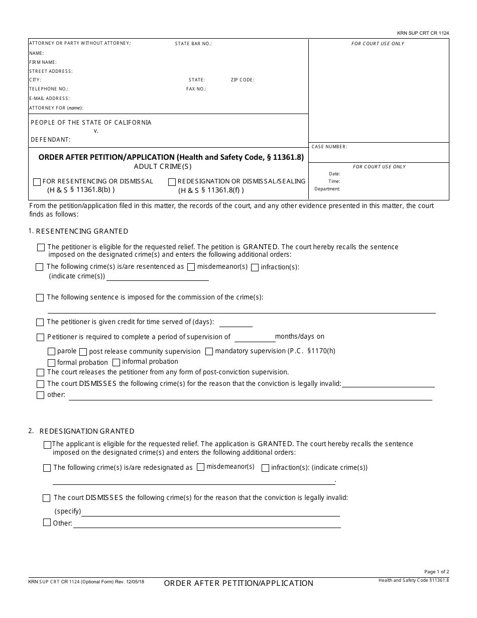 Form KRN SUP CRT CR-1124 Order After Petition / Application (Health and Safety Code, 11361.8) - Adult Crime(S) - County of Kern, California, Page 1