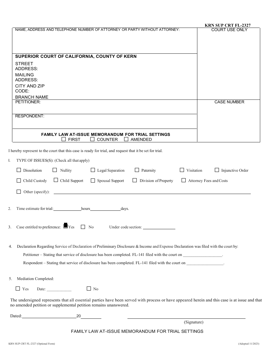 Form KRN SUP CRT FL-2327 Family Law at-Issue Memorandum for Trial Settings - County of Kern, California, Page 1