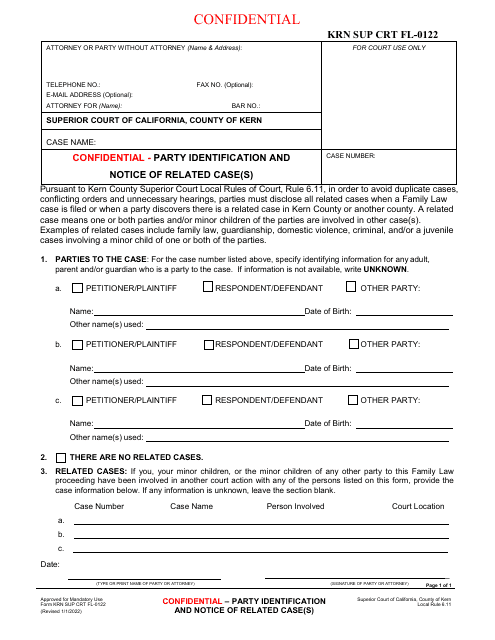 Form KRN SUP CRT FL-0122 Confidential - Party Identification and Notice of Related Case(S) - County of Kern, California