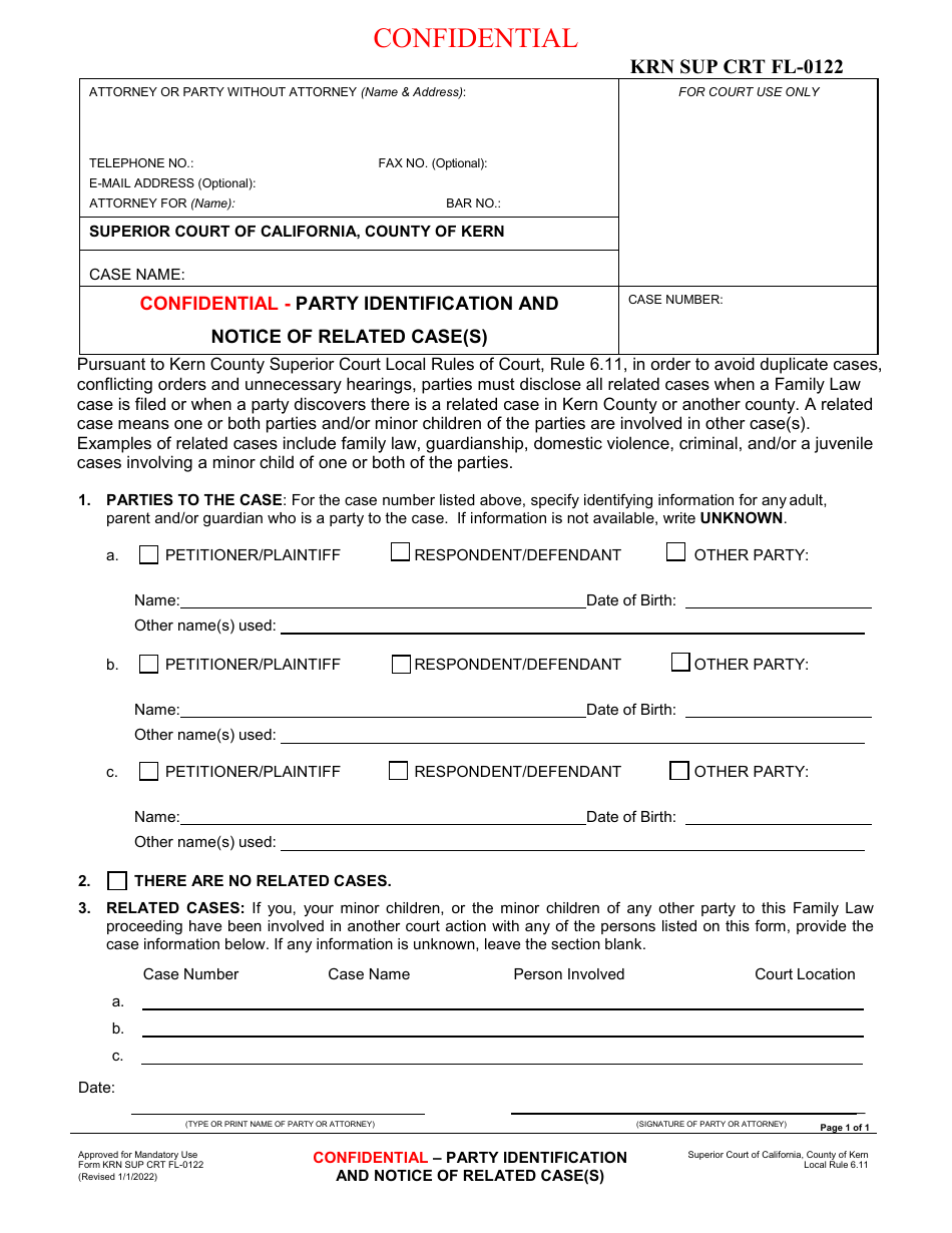 Form KRN SUP CRT FL-0122 Confidential - Party Identification and Notice of Related Case(S) - County of Kern, California, Page 1