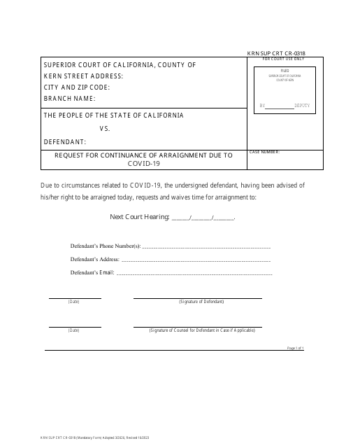 Form KRN SUP CRT CR-0318 Request for Continuance of Arraignment Due to Covid-19 - County of Kern, California