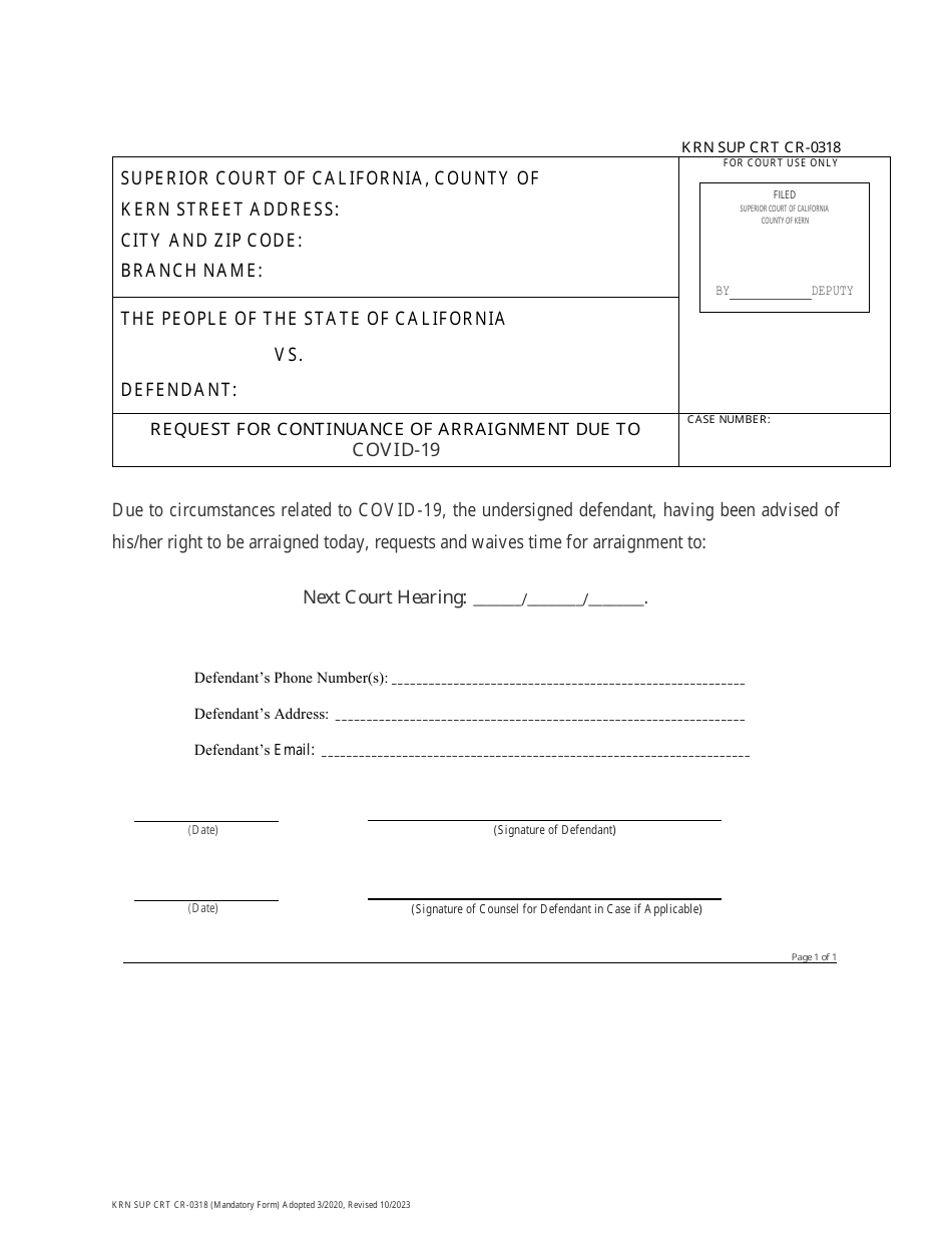 Form KRN SUP CRT CR-0318 Request for Continuance of Arraignment Due to Covid-19 - County of Kern, California, Page 1