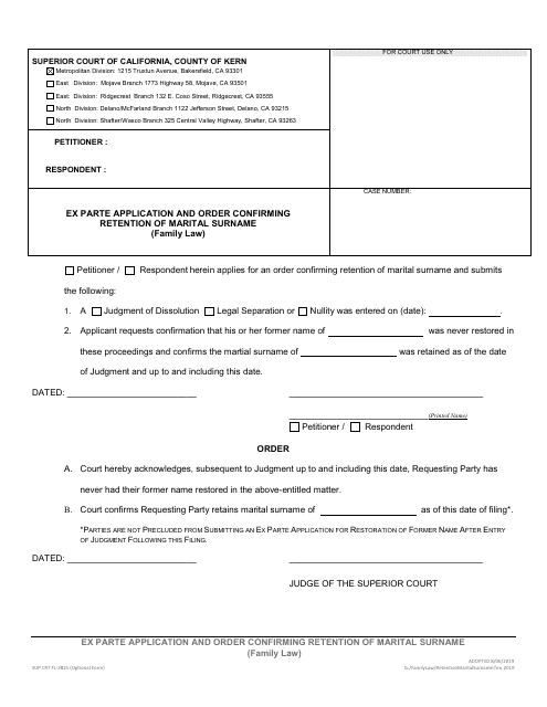 Form SUP CRT FL-2825 Ex Parte Application and Order Confirming Retention of Marital Surname (Family Law) - County of Kern, California