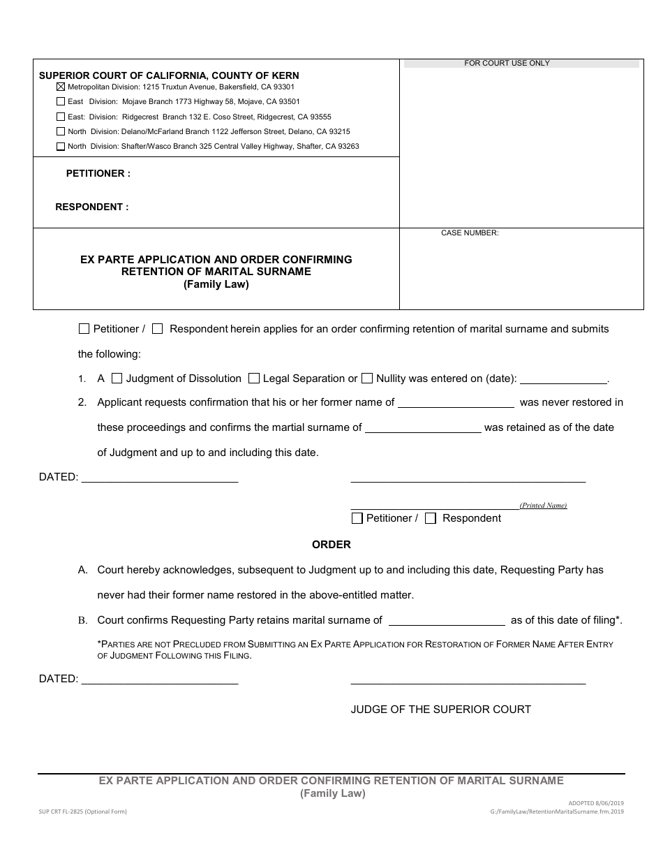 Form SUP CRT FL-2825 Ex Parte Application and Order Confirming Retention of Marital Surname (Family Law) - County of Kern, California, Page 1