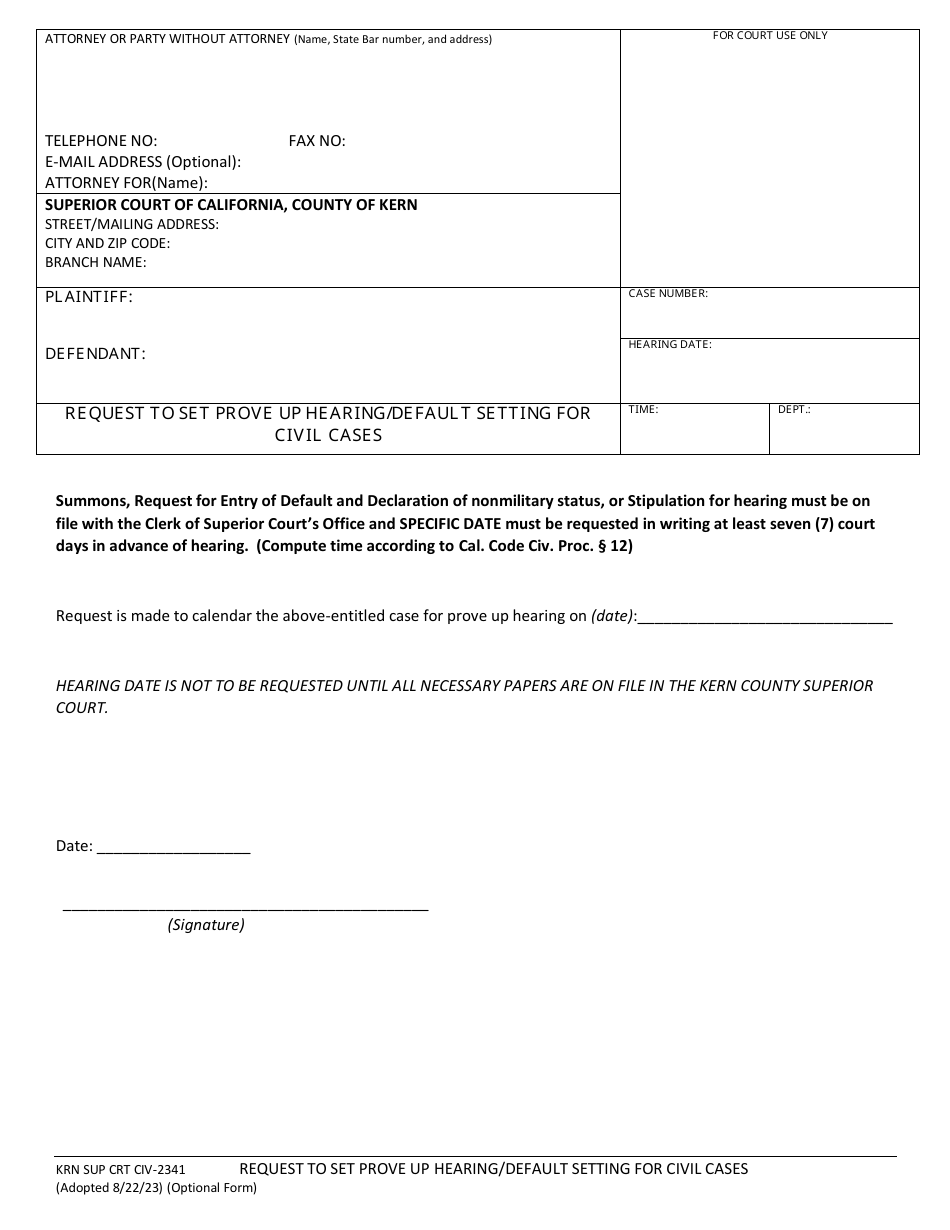 Form KRN SUP CRT-CIV2341 Request to Set Prove up Hearing / Default Setting for Civil Cases - County of Kern, California, Page 1