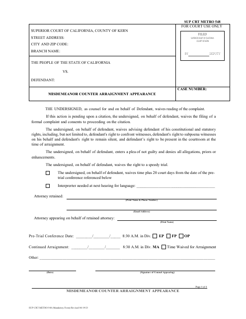 Form SUP CRT METRO548 Misdemeanor Counter Arraignment Appearance - County of Kern, California