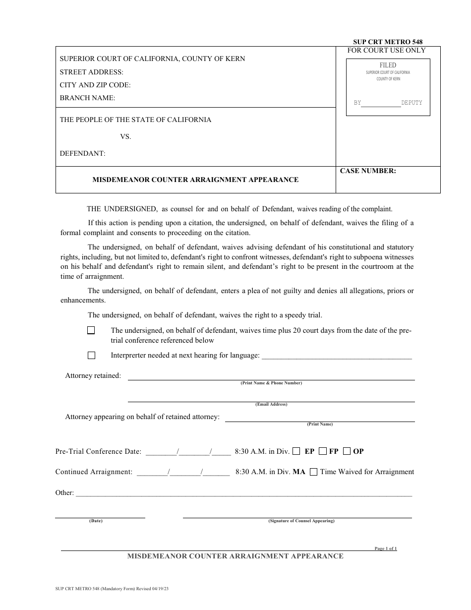 Form SUP CRT METRO548 Misdemeanor Counter Arraignment Appearance - County of Kern, California, Page 1