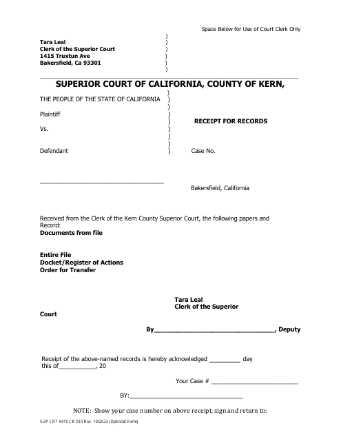 Form Sup Crt9410 CR 010 Receipt for Records - County of Kern, California