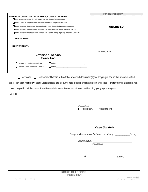 Form KRN SUP CRT FL-2712 Notice of Lodging (Family Law) - County of Kern, California