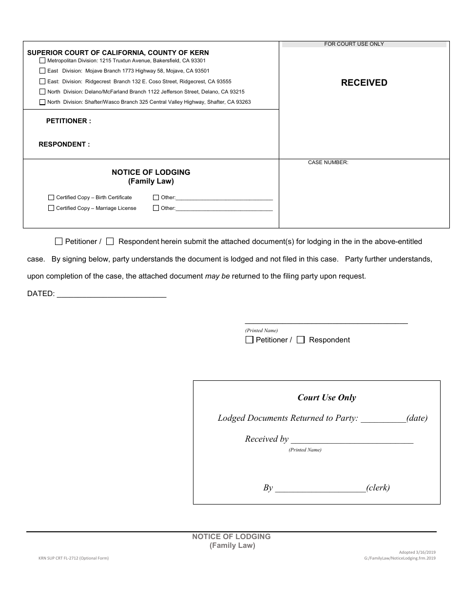 Form KRN SUP CRT FL-2712 Notice of Lodging (Family Law) - County of Kern, California, Page 1