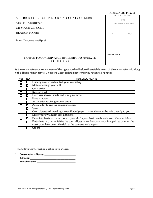 Form KRN SUP CRT PR-2352 Notice to Conservatee of Rights to Probate Code 1835.5 - County of Kern, California