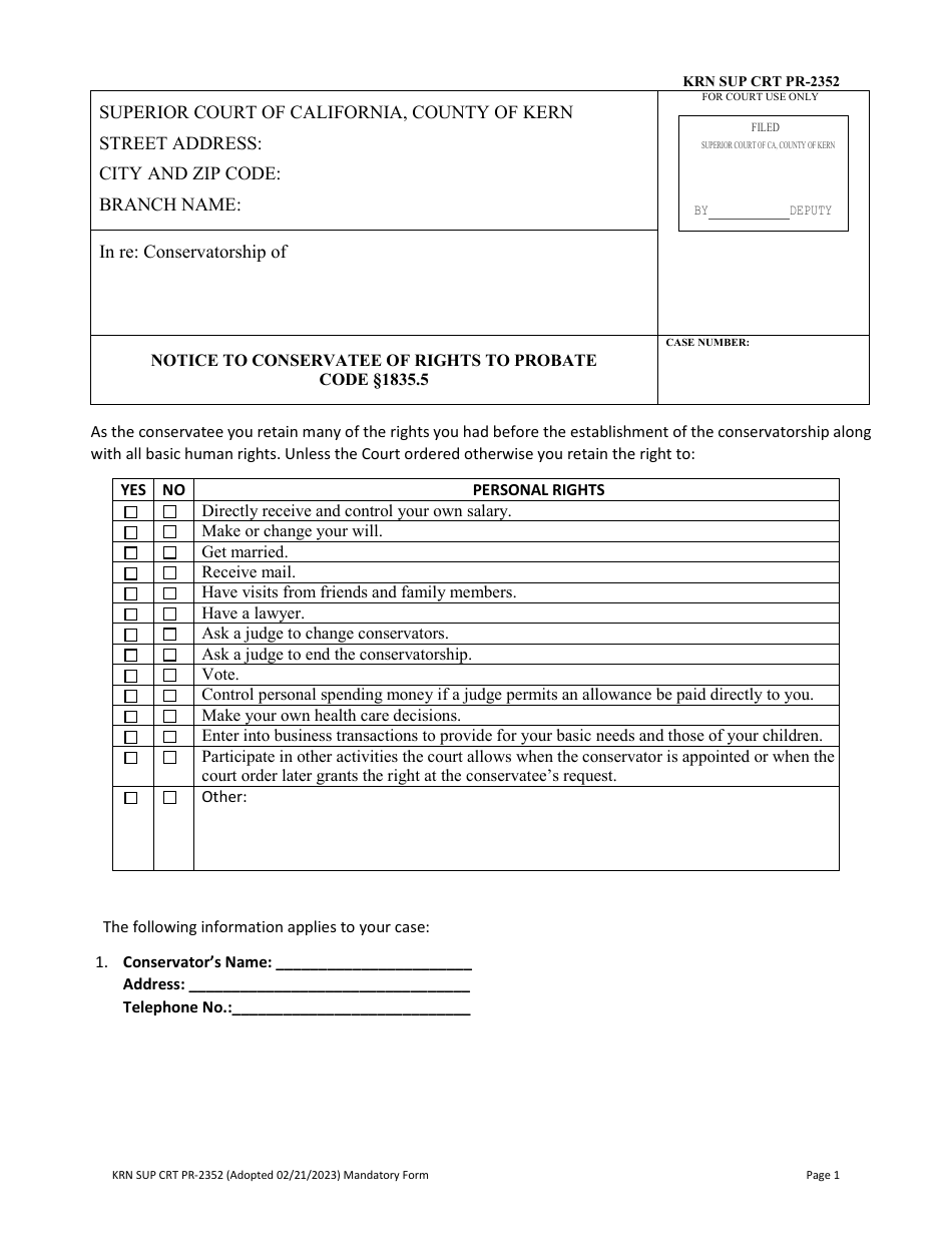 Form KRN SUP CRT PR-2352 Notice to Conservatee of Rights to Probate Code 1835.5 - County of Kern, California, Page 1
