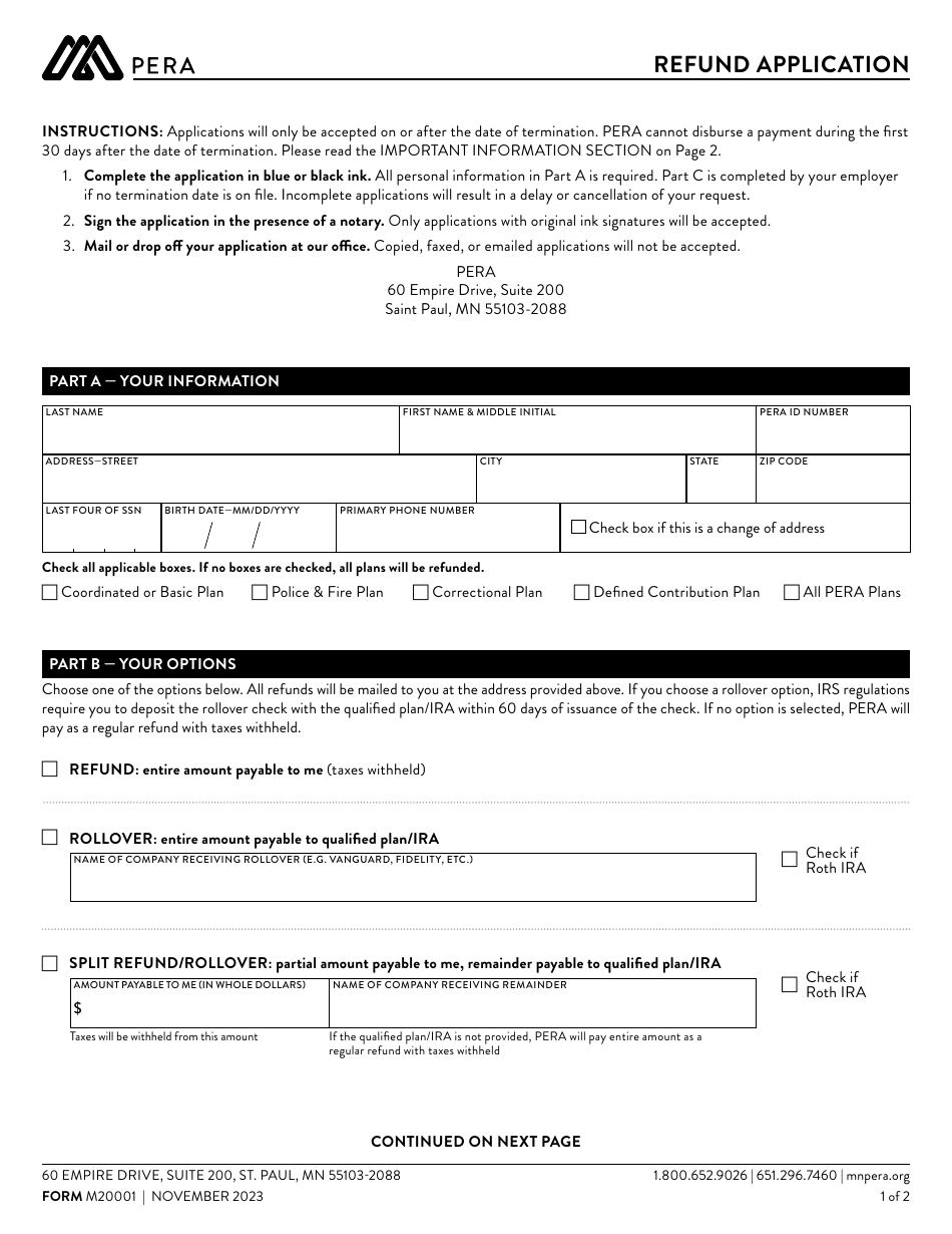 Form M20001 Download Fillable PDF or Fill Online Refund Application