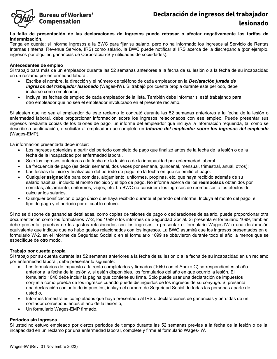Formulario WAGES-IW Declaracion De Ingresos Del Trabajador Lesionado - Ohio (Spanish), Page 1