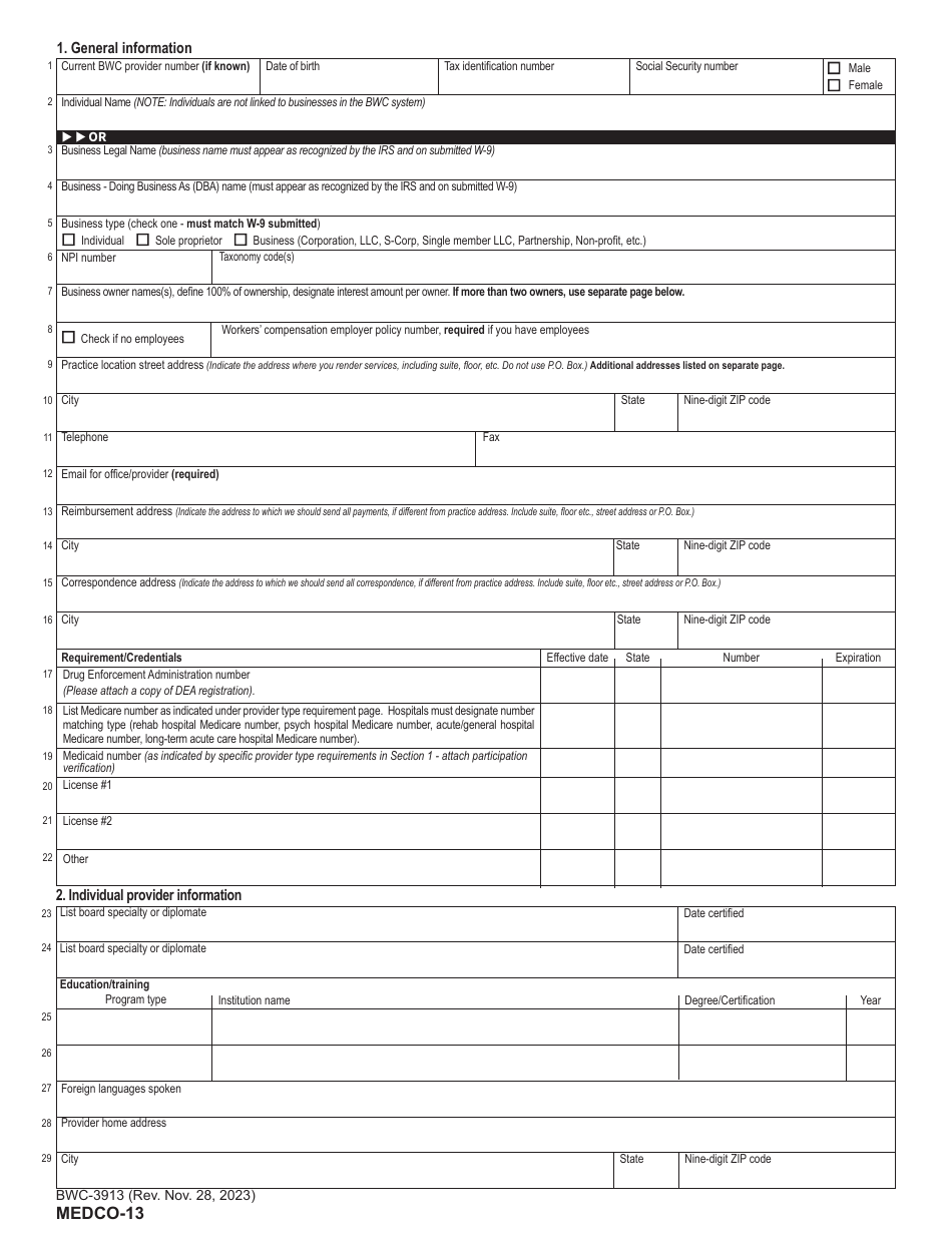 Form MEDCO-13 (BWC-3913) Application for Provider Enrollment and Certification - Ohio, Page 3