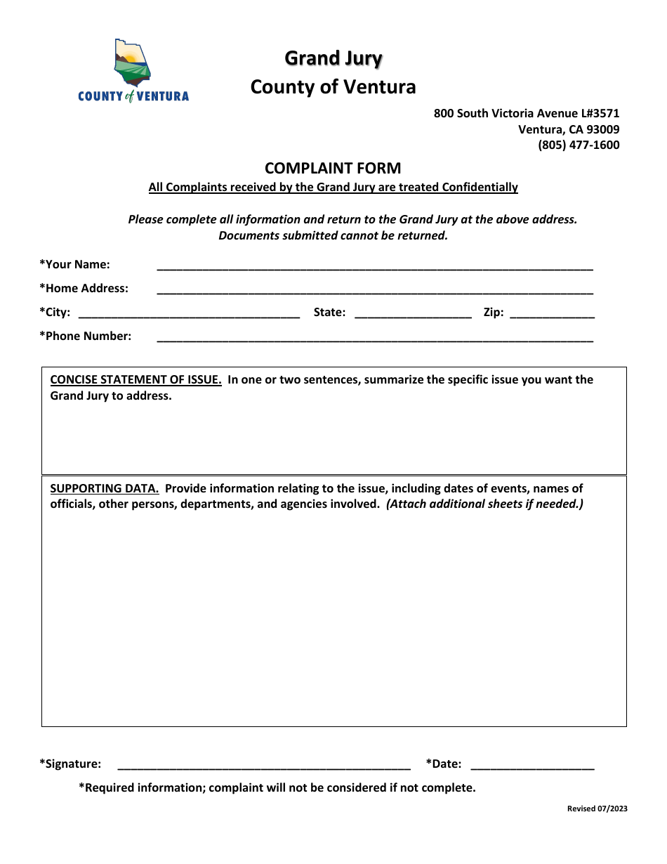 Complaint Form - County of Ventura, California, Page 1