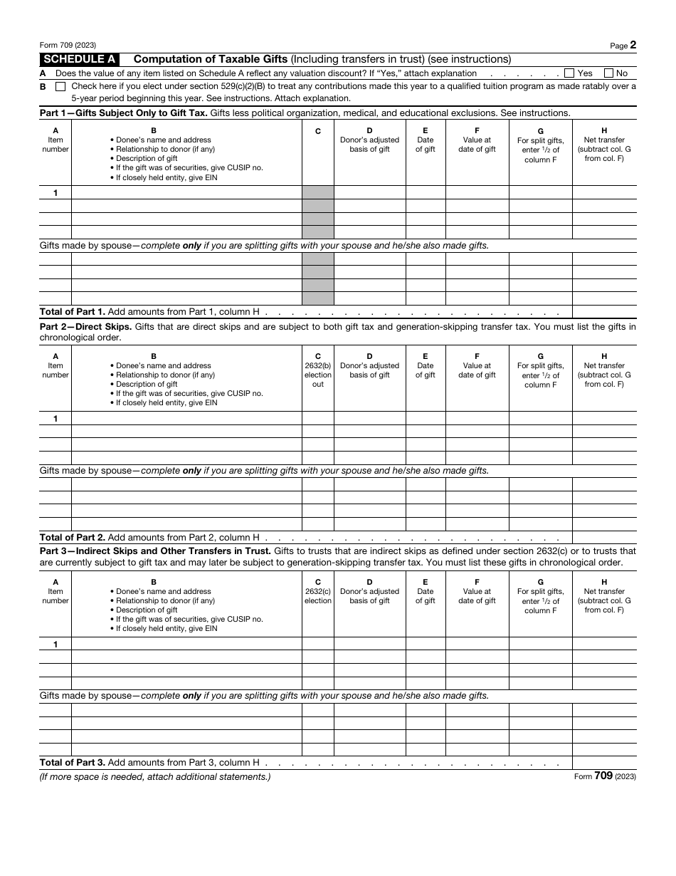 IRS Form 709 United States Gift (And Generation-Skipping Transfer) Tax Return, Page 2
