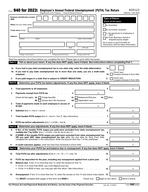 IRS Form 940 2023 Printable Pdf