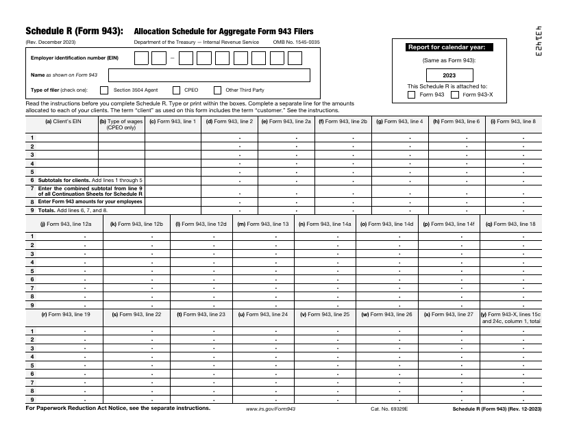 IRS Form 943 Schedule R Allocation Schedule for Aggregate Form 943 Filers, 2023