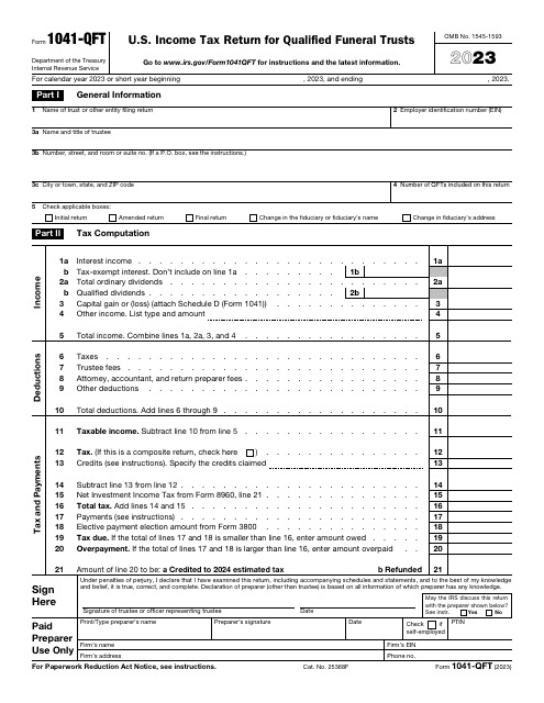 IRS Form 1041-QFT U.S. Income Tax Return for Qualified Funeral Trusts, 2023