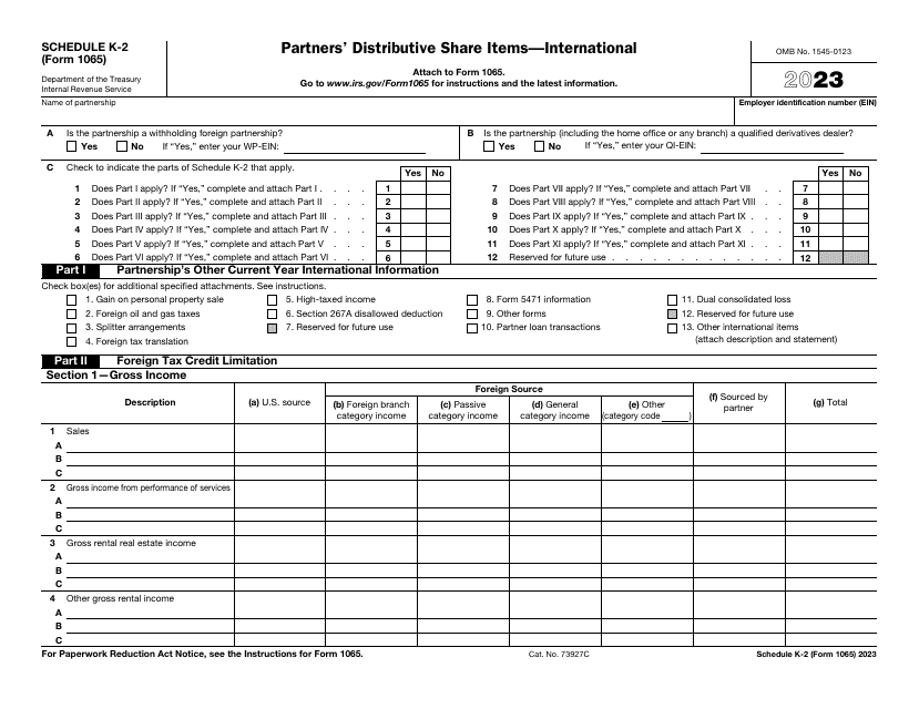 IRS Form 1065 Schedule K-2 Partners' Distributive Share Items - International, 2023