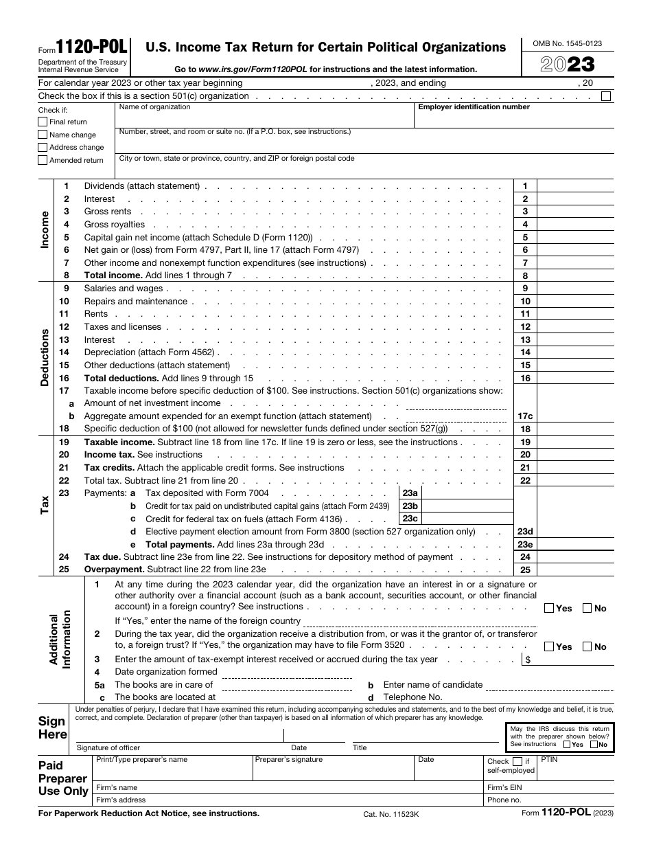 IRS Form 1120-POL U.S. Income Tax Return for Certain Political Organizations, Page 1