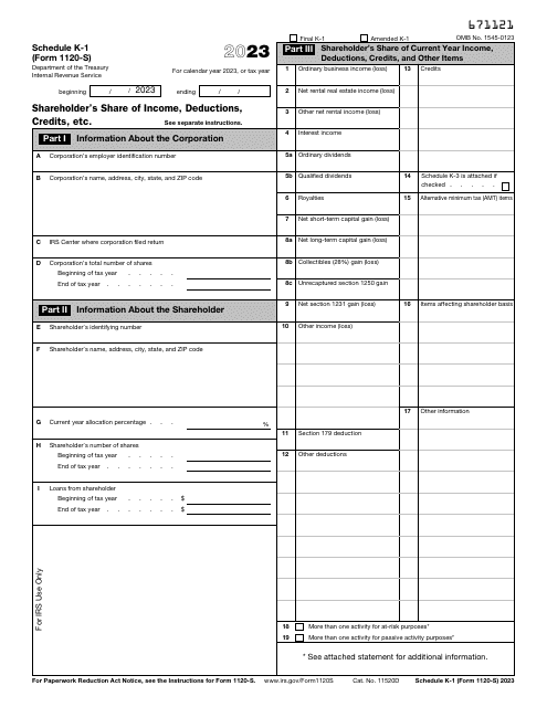 IRS Form 1120-S Schedule K-1 2023 Printable Pdf