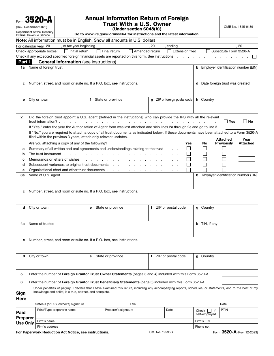 IRS Form 3520-A Annual Information Return of Foreign Trust With a U.S. Owner, Page 1
